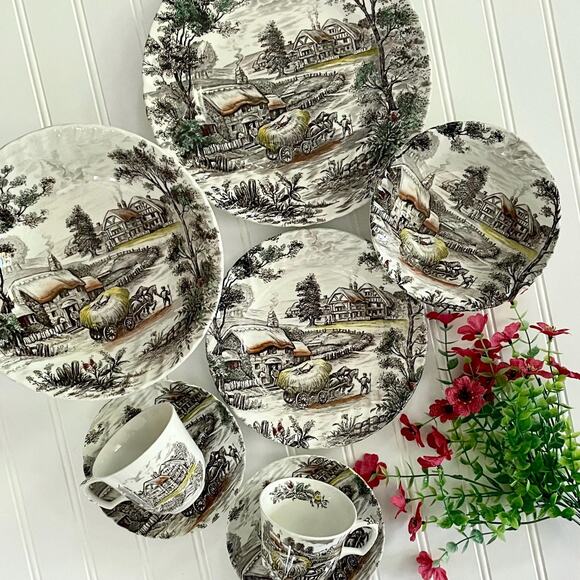 Yorkshire Staffordshire England Ironstone Brown Transferware Dinner Plates x4 - Picture 4 of 4